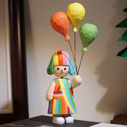 Dopamine Girl Handmade Wood Carving Ornament Holding Balloons Cute Healing Romantic Birthday Gift for Girls