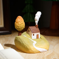 Handmade Wood Carving Small Ornaments of the Original Scenery of Hometown, Stress-Relief and Healing, Creative Desktop Decorations of Rural Cottages