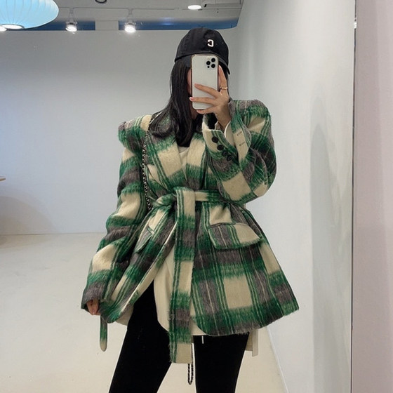 
South Korea Dongdaemun 2023 winter clothes retro style loose waistband straps work clothes plaid wool suit jacket for women
