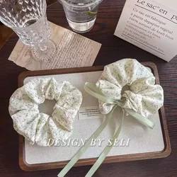 New Spring and Summer Bean Paste Green Fresh Floral Scrunchie Pure Cotton Bow Ribbon Girl Hair Tie Hair Accessory for Women