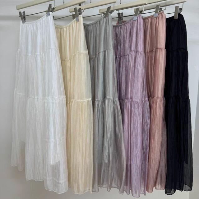 2025 spring colored yarn splicing cake skirt trendy and fashionable versatile elastic waist European loose midi skirt 438