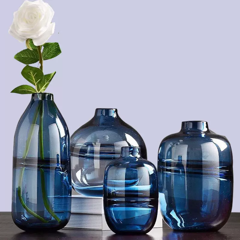 现代简约玻璃花瓶家居客厅北欧餐厅插花蓝色透明花器软装饰品