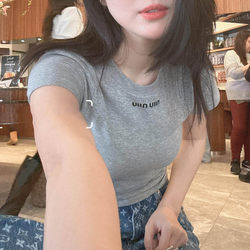 2025 Spring and Summer New Letter Embroidered Short Sleeve T-Shirt Women's Slim Fit Miu Style Casual Casual Top Trendy