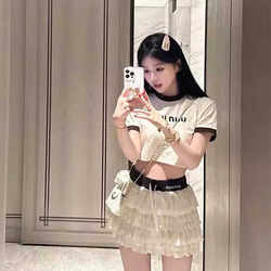 Summer New Niche Unique Set Short-Sleeve Letter Miu Style T-Shirt Women's Cake Lace Skirt Two-Piece Set