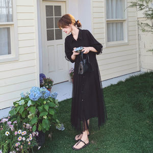 
Black Korean style high-end light mesh splicing dress for women 2026 spring new casual fashion shirt dress