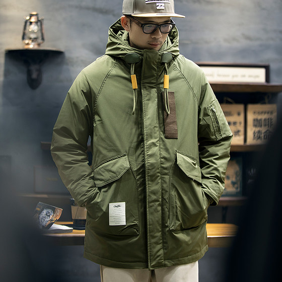 
Army Green Parker Down Jacket Men's Mid-Length Winter American Work Jacket Men's Hooded Warm Thick Jacket