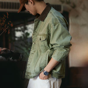 
Detroit Retro Army Green Washed Denim Jacket Men's 2025 Autumn New Contrast Color Lapel Work Jacket Trendy