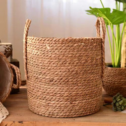 Rustic Style Seagrass Woven Handmade Flower Basket with Handle, Rattan Decorative Flower Pot, Large Dirty Clothes Basket, Clothes Storage Basket