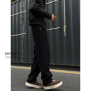 
Entong black handsome American high street washed jeans men's pants loose and versatile straight cargo pants