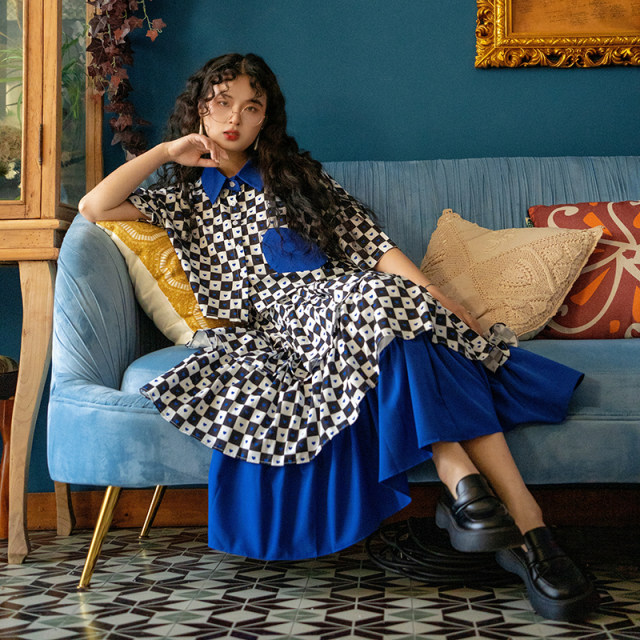 pinkwink Xiaoxingye summer original contrasting color plaid blue skirt cake skirt sweet long skirt skirt skirt