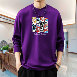 Chinese Style Nine-Tone Purple Autumn Round-Neck Pure Cotton Plus-Size Long-Sleeve T-Shirt for Men, National Trend ins Versatile Face-Print Base Shirt