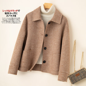 Double -sided cashmere woolen women's short new bird grid wool woolen coat small loose large size mother dress