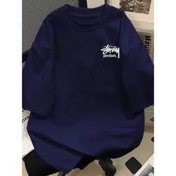 Heavyweight Pure Cotton American Retro Letter Print Crew Neck Short-Sleeve T-Shirt for Men, Summer Loose Half-Sleeve Trendy Brand ins Top