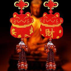 New Bead Embroidery Lucky Cat Cross-Stitch Car Hanging Ornament for Rearview Mirror, DIY Embroidery Car Interior Decoration, God of Wealth Guanyin Car Hanging Accessory