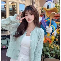 Korean-Style Mint Green Hollow-Out Knit Cardigan for Women 2026 Spring and Autumn Long-Sleeve Versatile Slimming Gentle Top Sweater Coat