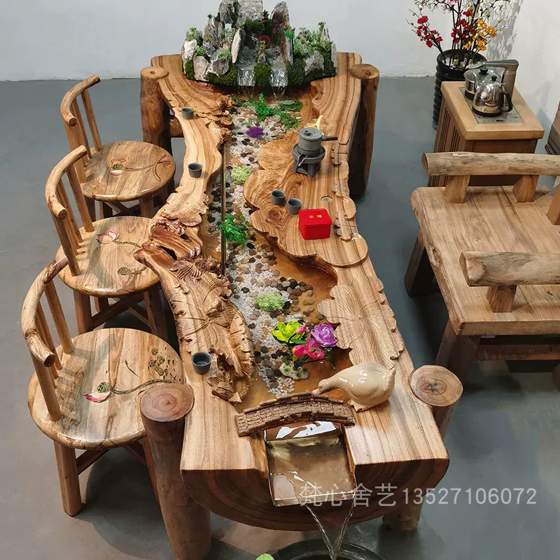 香樟木流水茶桌椅组合客厅实木大茶几家用泡茶桌子禅意功夫茶台-Taobao