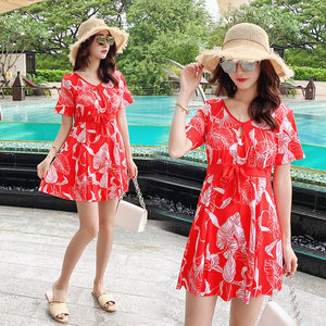 Swimming suit women's new one-piece skirt style with a belly covering and slimming effect, short sleeved conservative print, large size hot spring beach swimming pool swimsuit