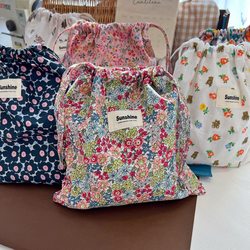 Forest-Style Small Floral Pure Cotton Storage Bag Drawstring Pouch Makeup Bag Storage Bag Large Size
