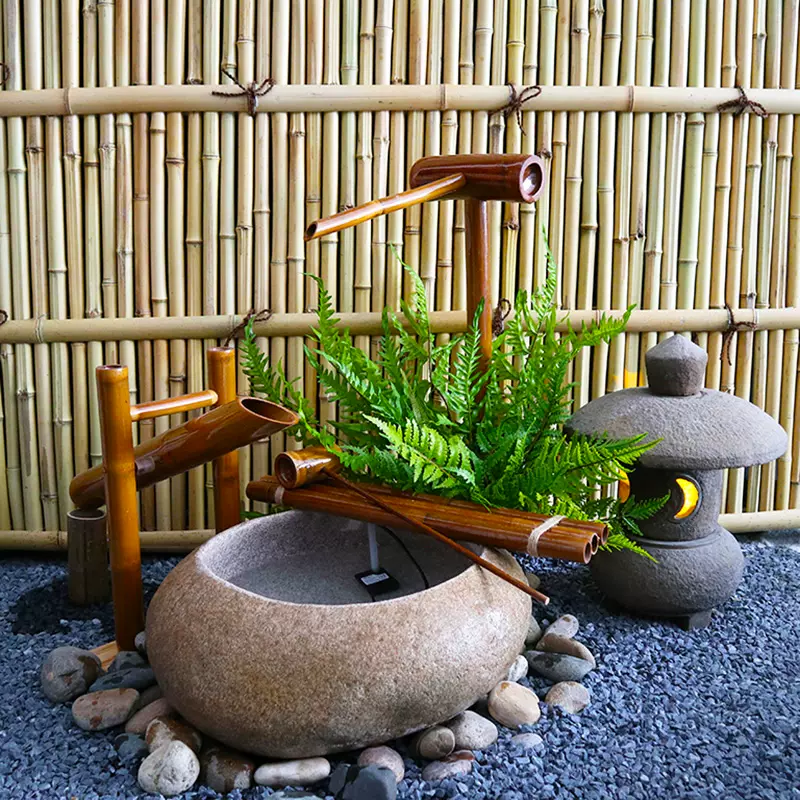 日式石缽流水造景擺件花園禪意竹子驚鹿石燈曲陽手工石雕庭院裝飾