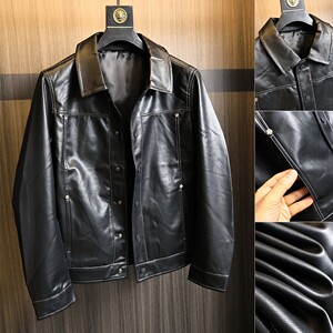 
Excellent texture! Glossy and textured! Autumn men's solid color motorcycle style fashionable dark lapel leather jacket trend