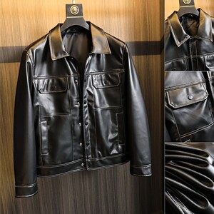
Spanish niche order! Men's wash PU leather patch pocket work lapel leather jacket trend in spring 2025