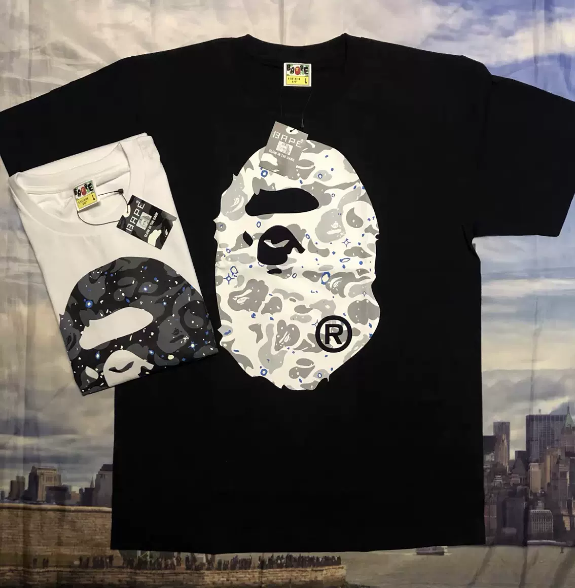 日本潮牌BAPE SPACE CAMO星空夜光大猿人头男女同款TEE短袖-Taobao