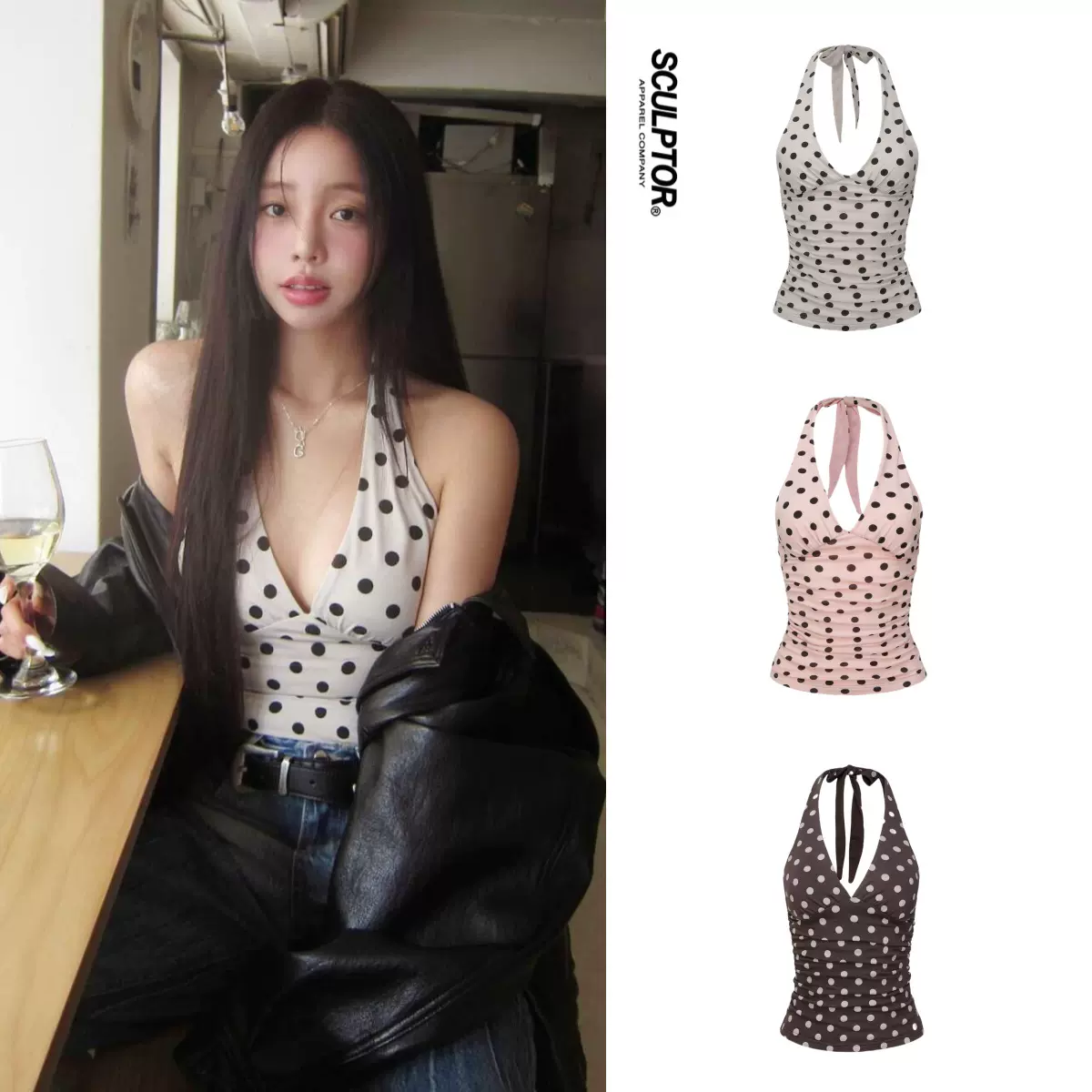 现货ASA 叶舒华同款SCULPTOR韩国代购复古风波点挂脖修身背心女