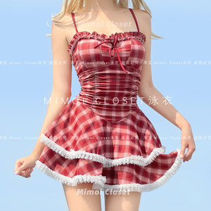 
Mimoi Closet new girly red plaid resort hot spring sweet girl conservative one-piece skirt swimsuit for women