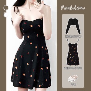 Sweet and spicy wind floral waist camisole dress set female summer thin sunscreen jacket cardigan French waist short skirt