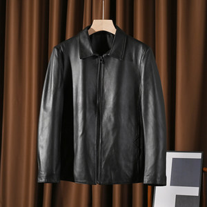 High -end pure sheepskin! New black leather jacket jacket Middle -aged and elderly men's business casual lapel jacket
