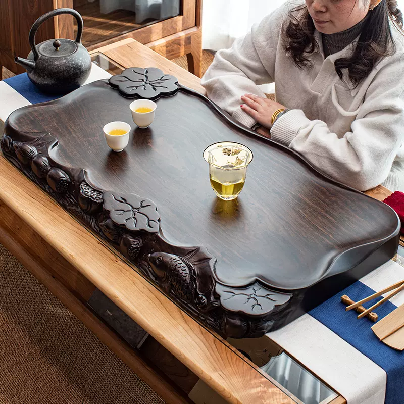 整块花梨木茶盘托盘实木红木茶台家用茶海排水式功夫茶具精雕-Taobao