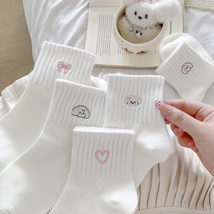 
Pink embroidered puppy socks for women in spring and autumn mid-calf socks cotton socks Korean version cartoon new cute white sweet sports