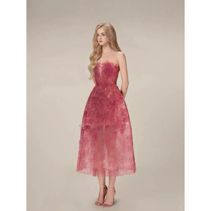 Vietnamese niche designer lace dress with temperament, three-dimensional flower sequins, see-through heavy-duty tube top long dress