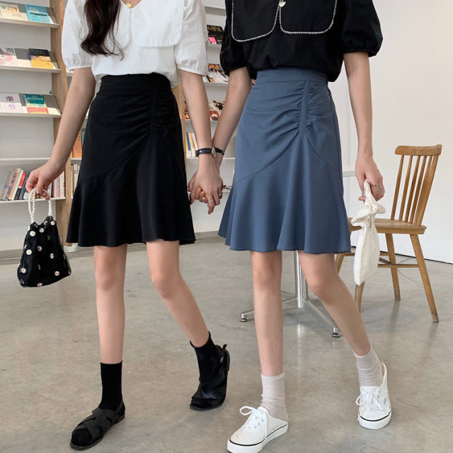 Large size mid-length skirt 2022 summer new versatile high waist pleated hip skirt ruffled retro fishtail skirt