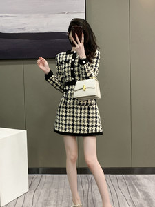 
French retro small fragrant style tweed dress for women autumn and winter ladylike temperament high waist long sleeve tweed skirt