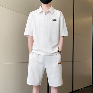
Men's summer thin ice silk short-sleeved POLO shirt shorts casual sports suit two-piece student wear T-shirt