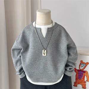 
Boys and girls 2025 spring and autumn new long-sleeved T-shirt children's baby waffle style pullover fake two-piece top