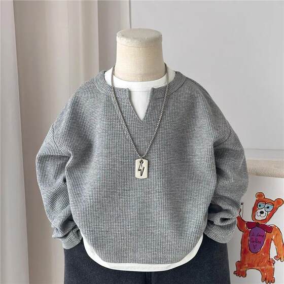 
Boys and girls 2025 spring and autumn new long-sleeved T-shirt children's baby waffle style pullover fake two-piece top