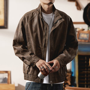 
High-end motorcycle leather jacket men's stand collar spring and autumn 2025 new men's loose large size American retro trendy brand