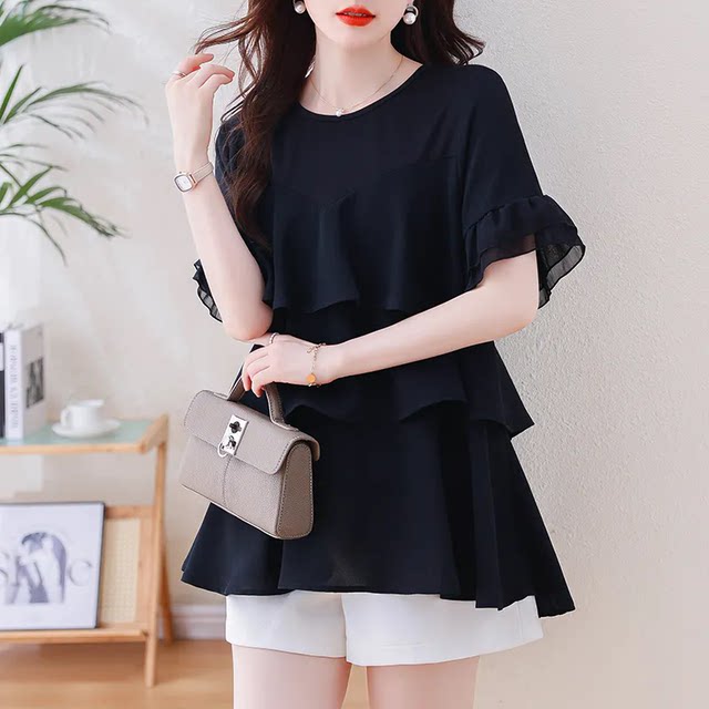 Black large-size ruffled short-sleeved chiffon shirt for women's T-shirt for summer loose fat mm belly-covering and slimming design top
