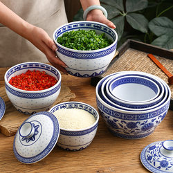Commercial Vintage Blue and White Ceramic Chicken Soup Bowl with Lid, Hot Pot Restaurant Self-Service Seasoning Dipping Bowl, Seasoning Jar, Lard Jar