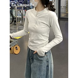 Half-Open Collar Long-Sleeve T-Shirt for Women, Spring and Autumn, Slim Fit, Base Layer, Everyday Wear, Casual Button-Up, Simple Design, Trendy Top