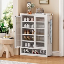 Shoe Cabinet for Home Entrance, Cream White Integrated Wall-Mounted Storage Cabinet, Multi-Layer Large Capacity Bamboo Storage Cabinet, Shoe Rack