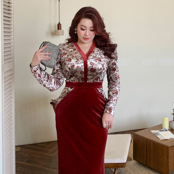 Plus size women's retro palace floral patchwork dress