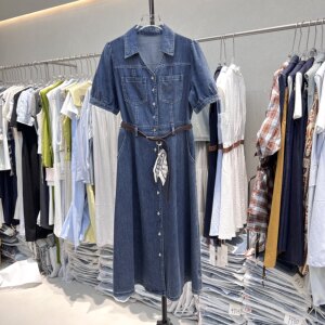 
Hong Kong style retro denim dress for women 2026 new summer beautiful temperament waist slimming high-end shirt dress