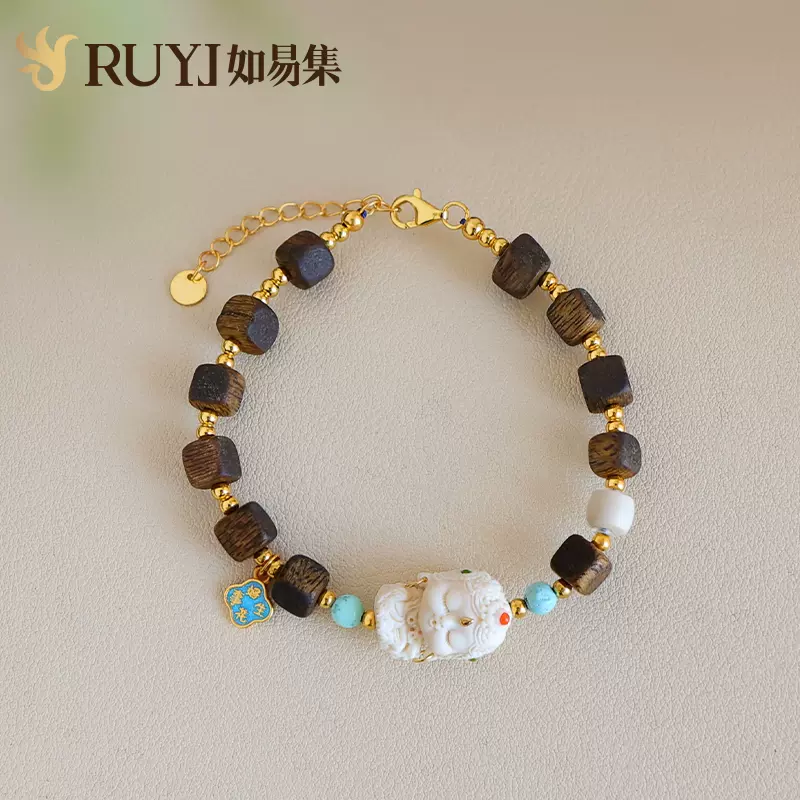 天然沉香手链女猛犸牙雕刻绿度母小众设计文艺复古高级