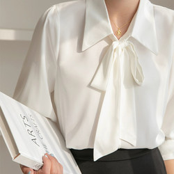 Plus-Size Fat Girl with Ribbon Bow, White Shirt for Commuting, Workplace Mature Style, High-End Interview Suit, Spring and Autumn Elegant Style