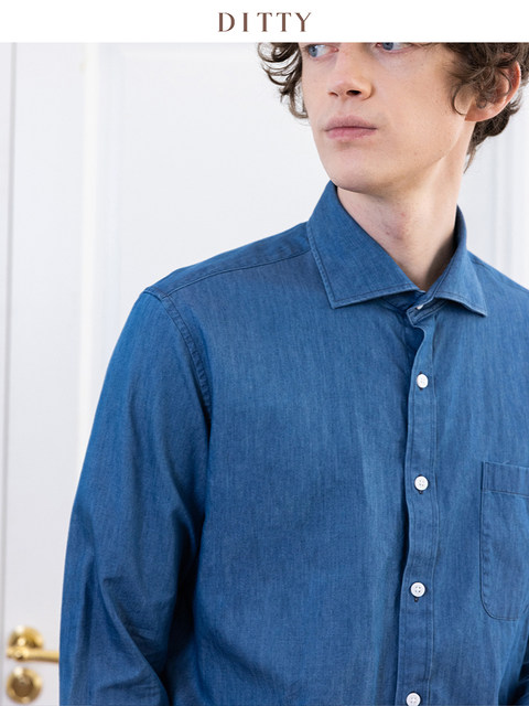 DITTY men's wash cotton button-collar denim shirt men's business long ...