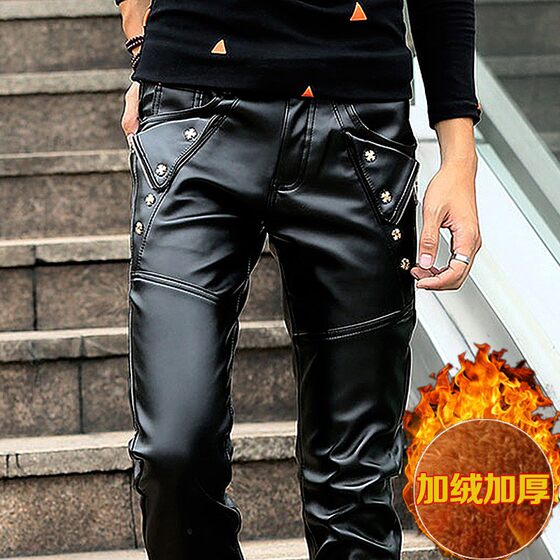 
2025 autumn and winter leather pants for men plus velvet thickened motorcycle riding pants Korean style slim fit waterproof fur integrated warmth