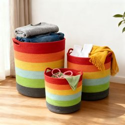 Hand-Woven Cotton Fabric Dirty Clothes Basket with Handle, Clothes Storage Basket, Plush Toy Storage Bucket, Storage Basket